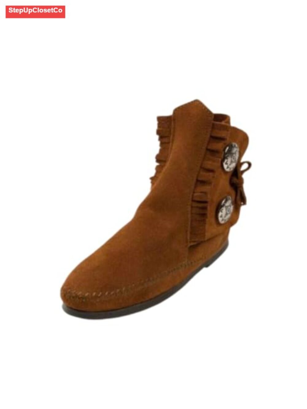 Suede Fringed Ankle Bootie Mocc Two Button Detail